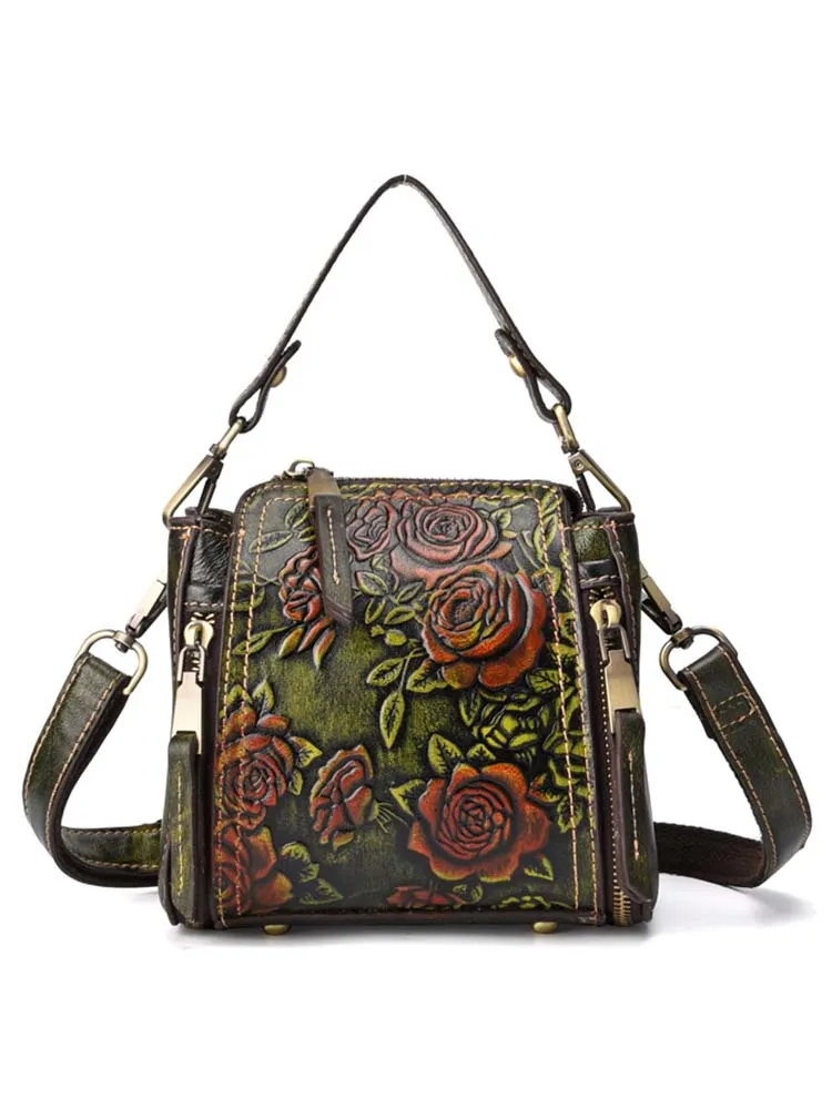 Retro Roses Leather Zipper Bag