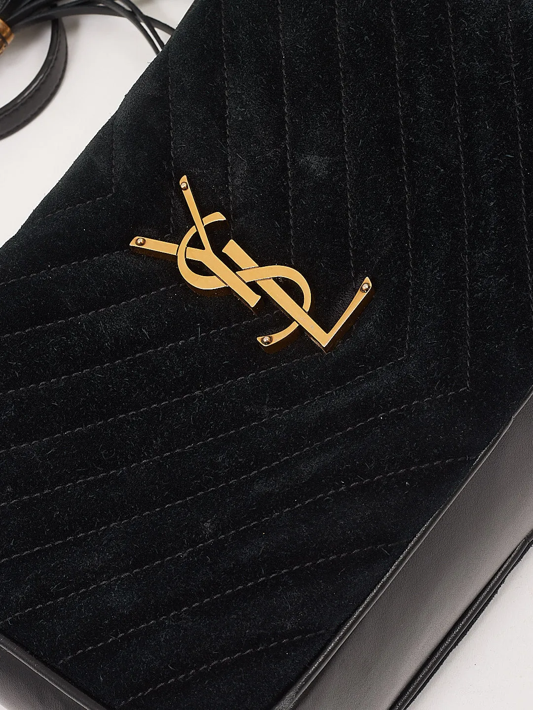 Saint Laurent Black Suede Chevron Lou Monogram Camere Bag