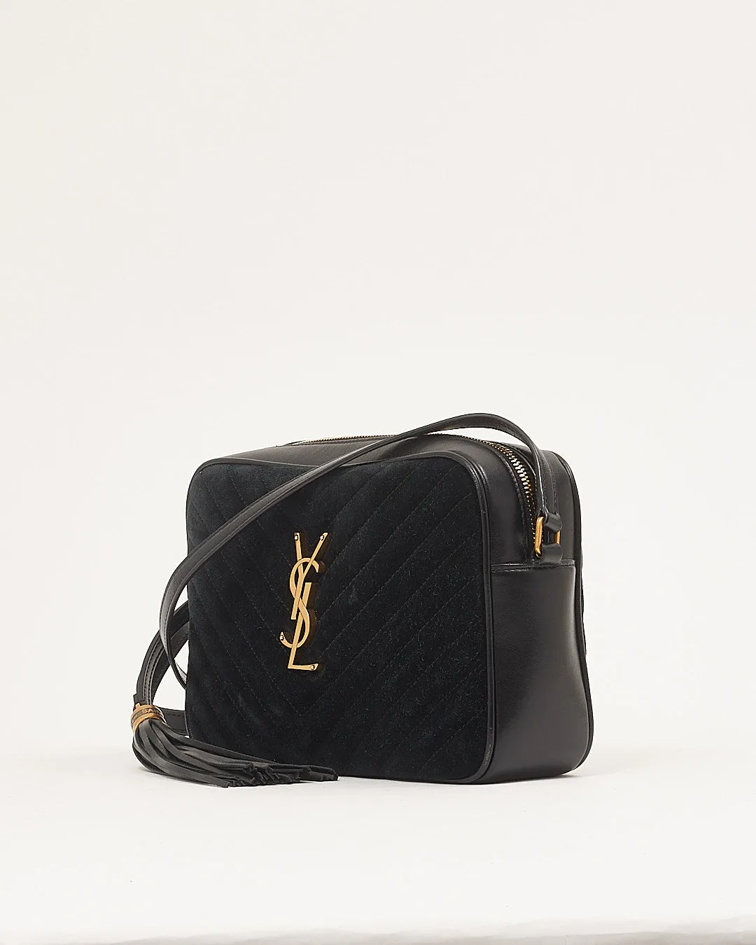 Saint Laurent Black Suede Chevron Lou Monogram Camere Bag