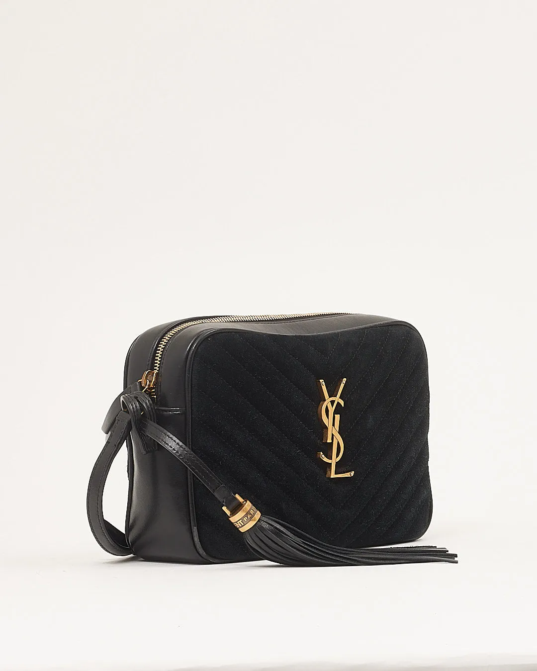 Saint Laurent Black Suede Chevron Lou Monogram Camere Bag