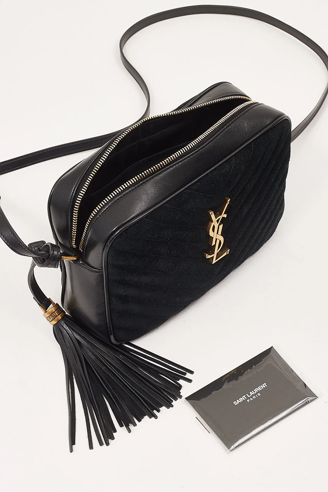 Saint Laurent Black Suede Chevron Lou Monogram Camere Bag
