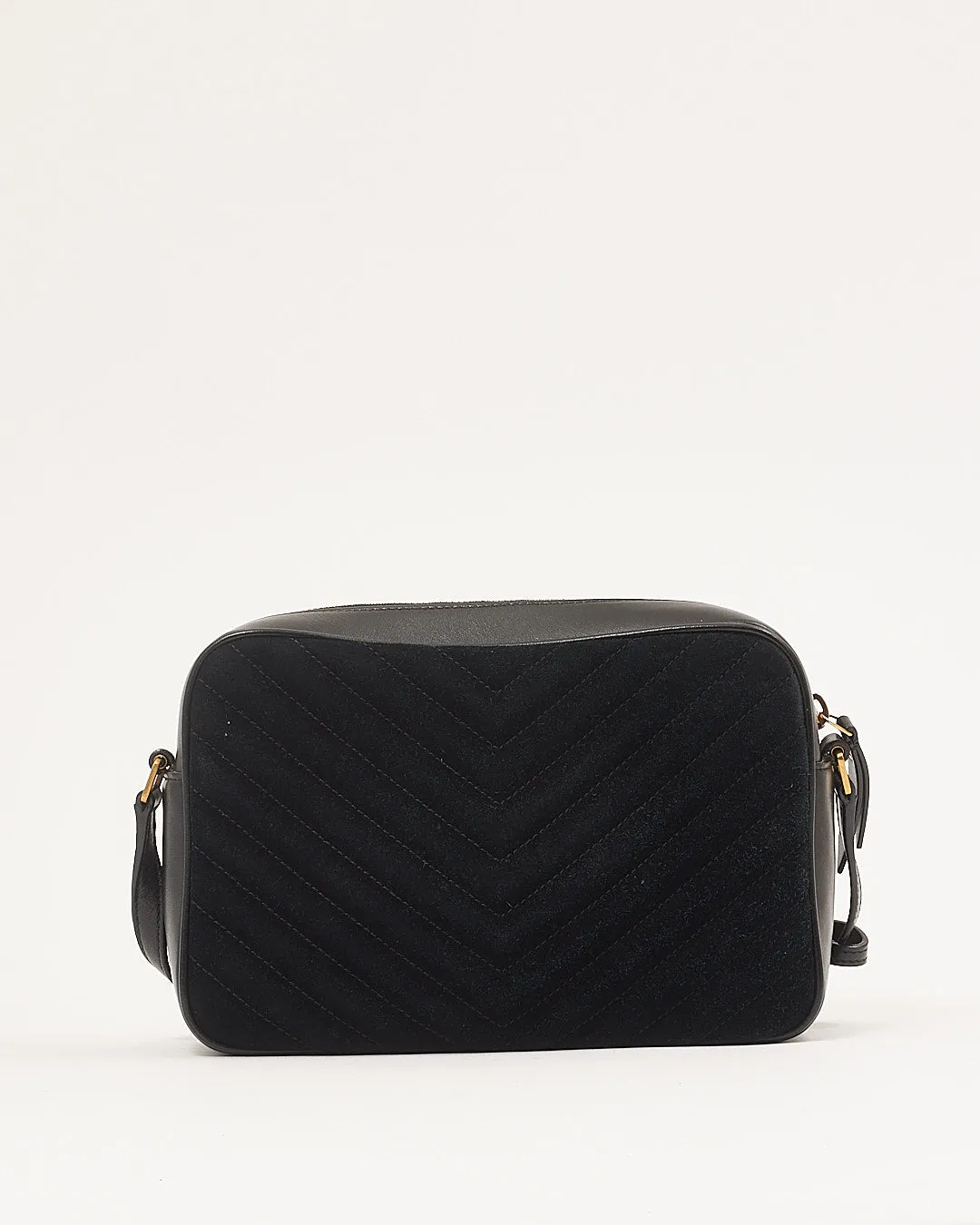 Saint Laurent Black Suede Chevron Lou Monogram Camere Bag