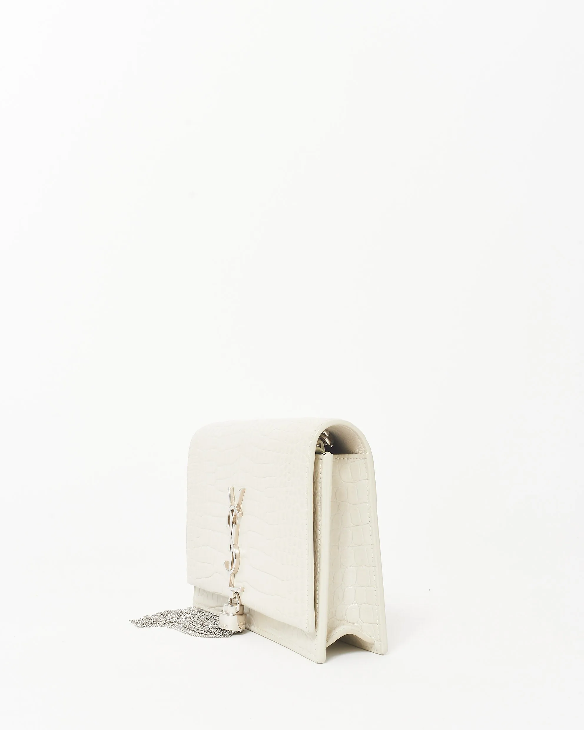 Saint Laurent Cream Croc Embossed SHW Small Kate Tassel Chain Bag