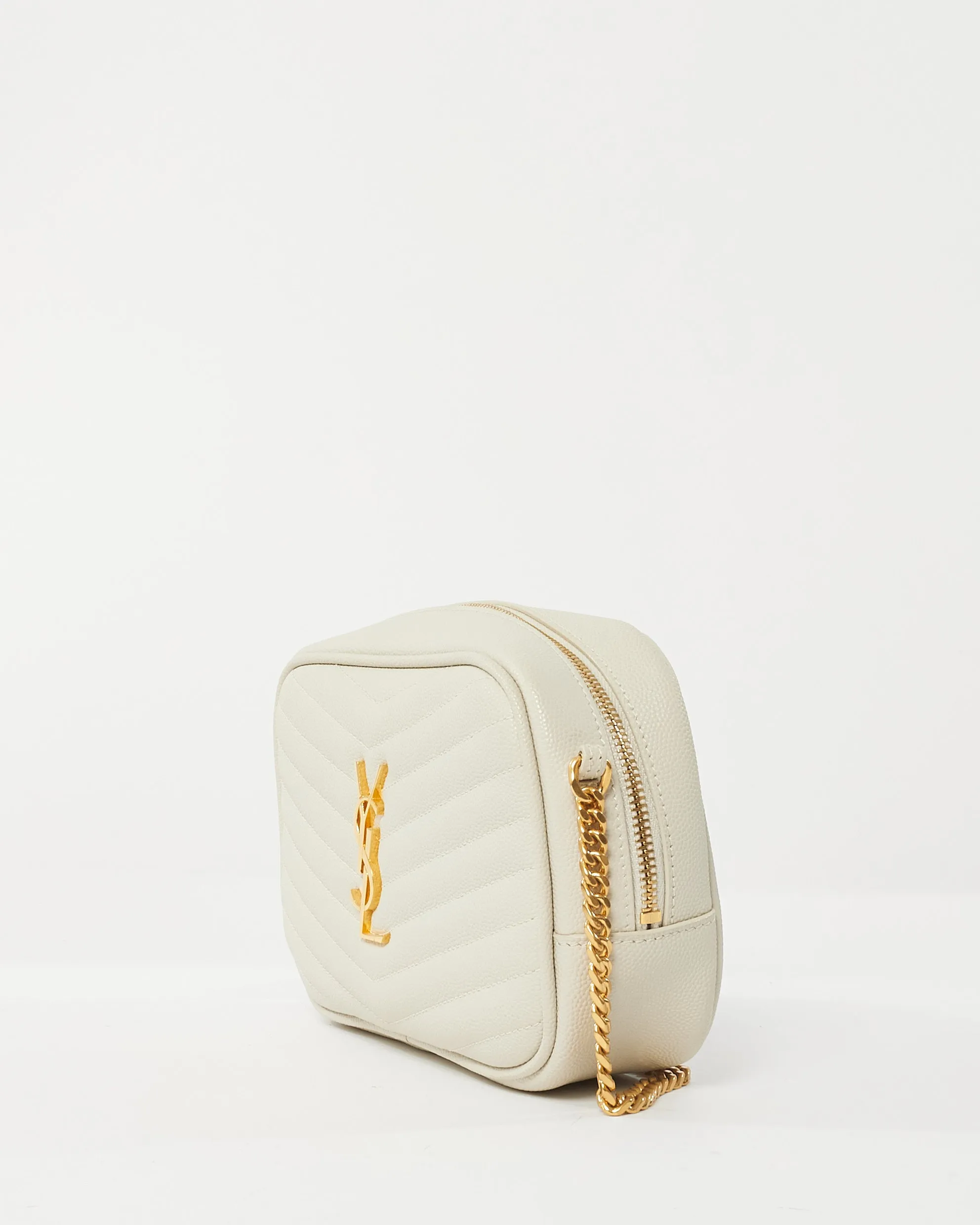 Saint Laurent White Grained De Poudre Embossed Leather Mini Lou Camera Bag