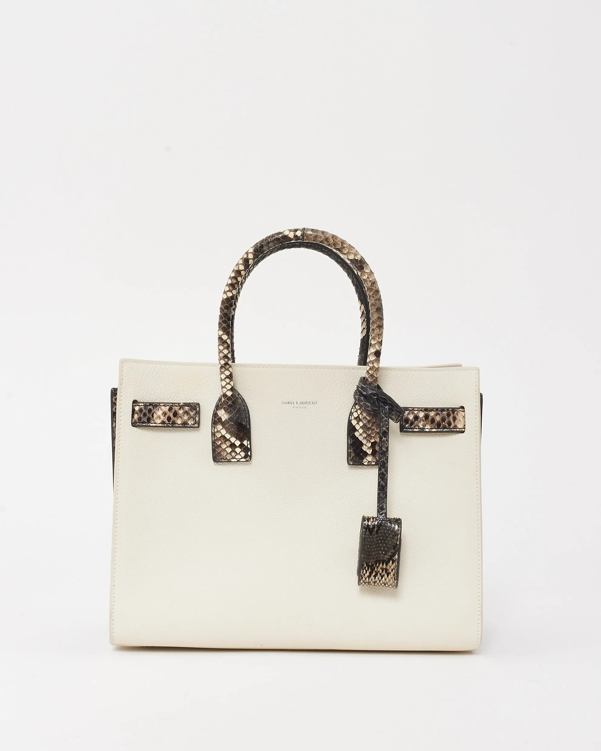 Saint Laurent White Leather & Grey Python Trim Small Sac De Jour Bag