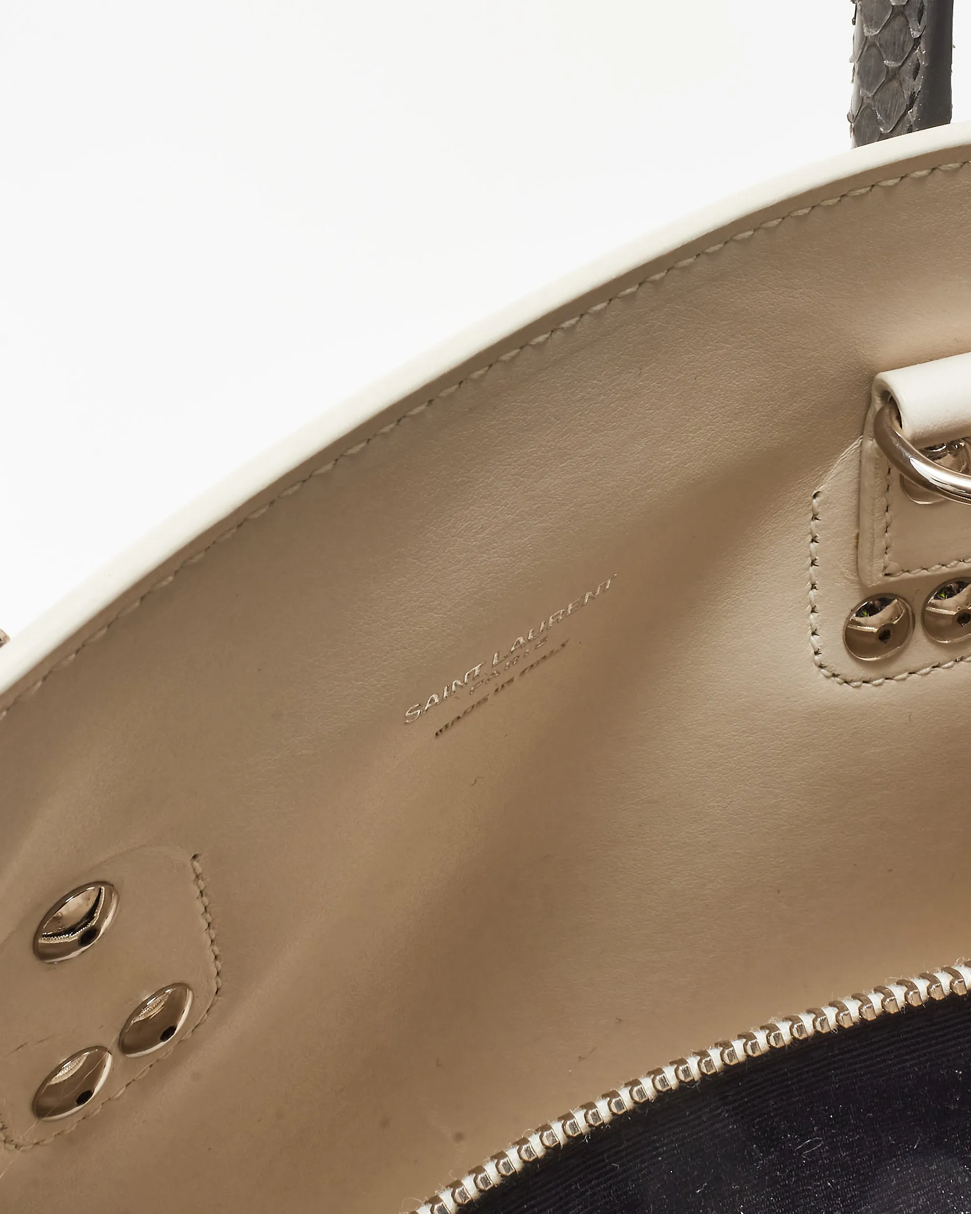 Saint Laurent White Leather & Grey Python Trim Small Sac De Jour Bag
