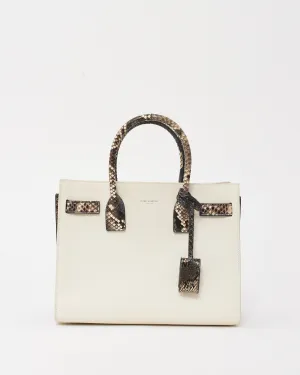 Saint Laurent White Leather & Grey Python Trim Small Sac De Jour Bag