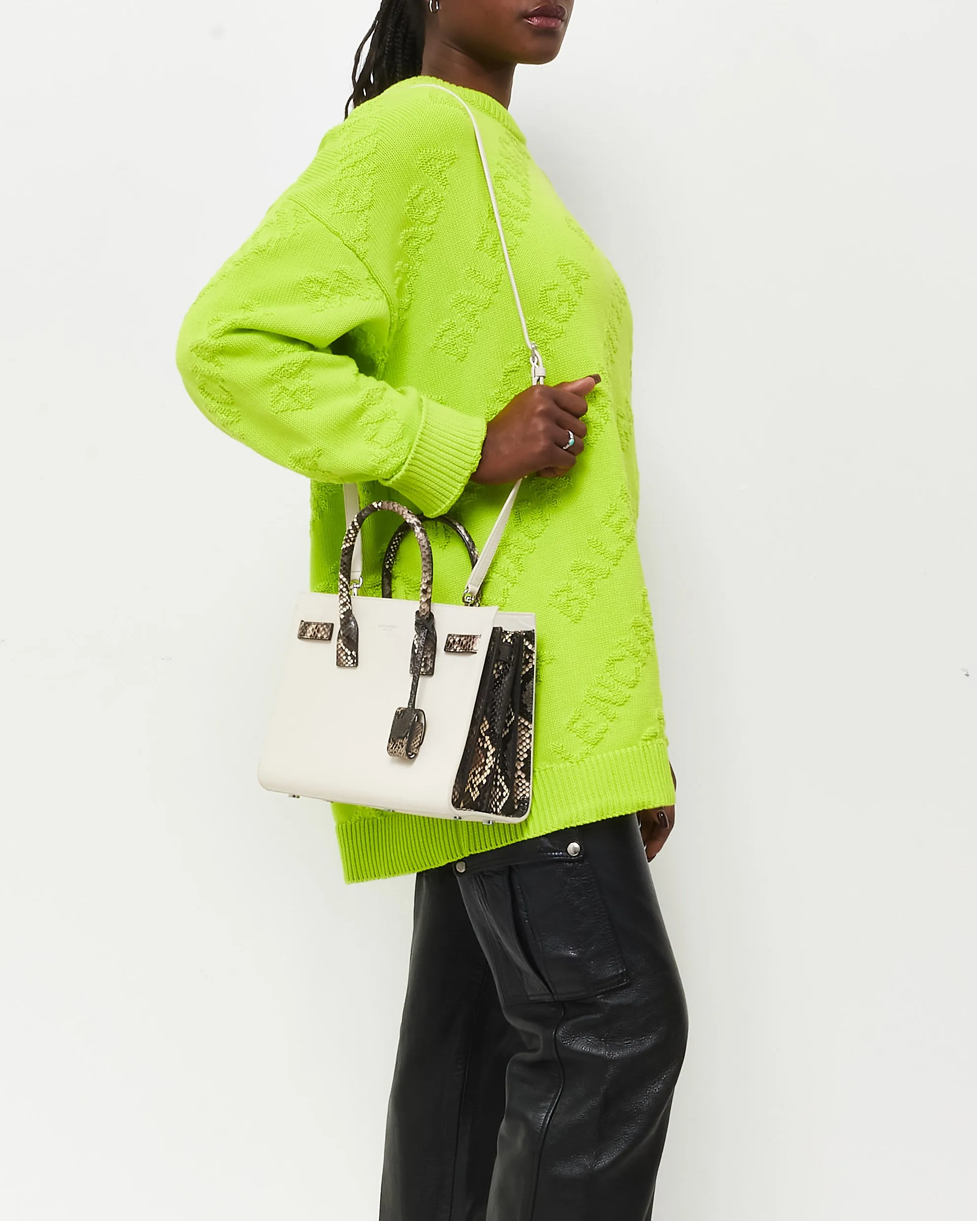 Saint Laurent White Leather & Grey Python Trim Small Sac De Jour Bag