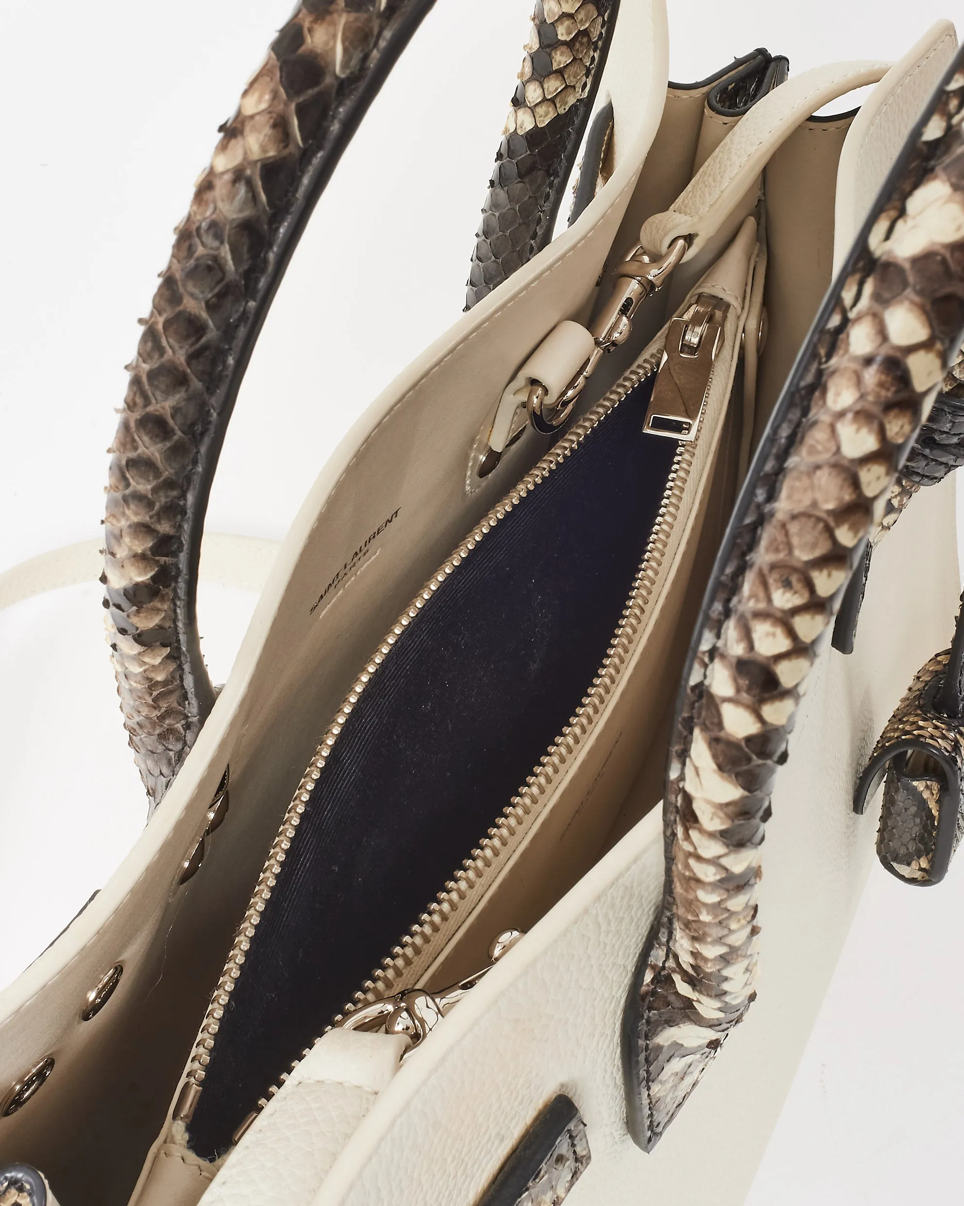 Saint Laurent White Leather & Grey Python Trim Small Sac De Jour Bag