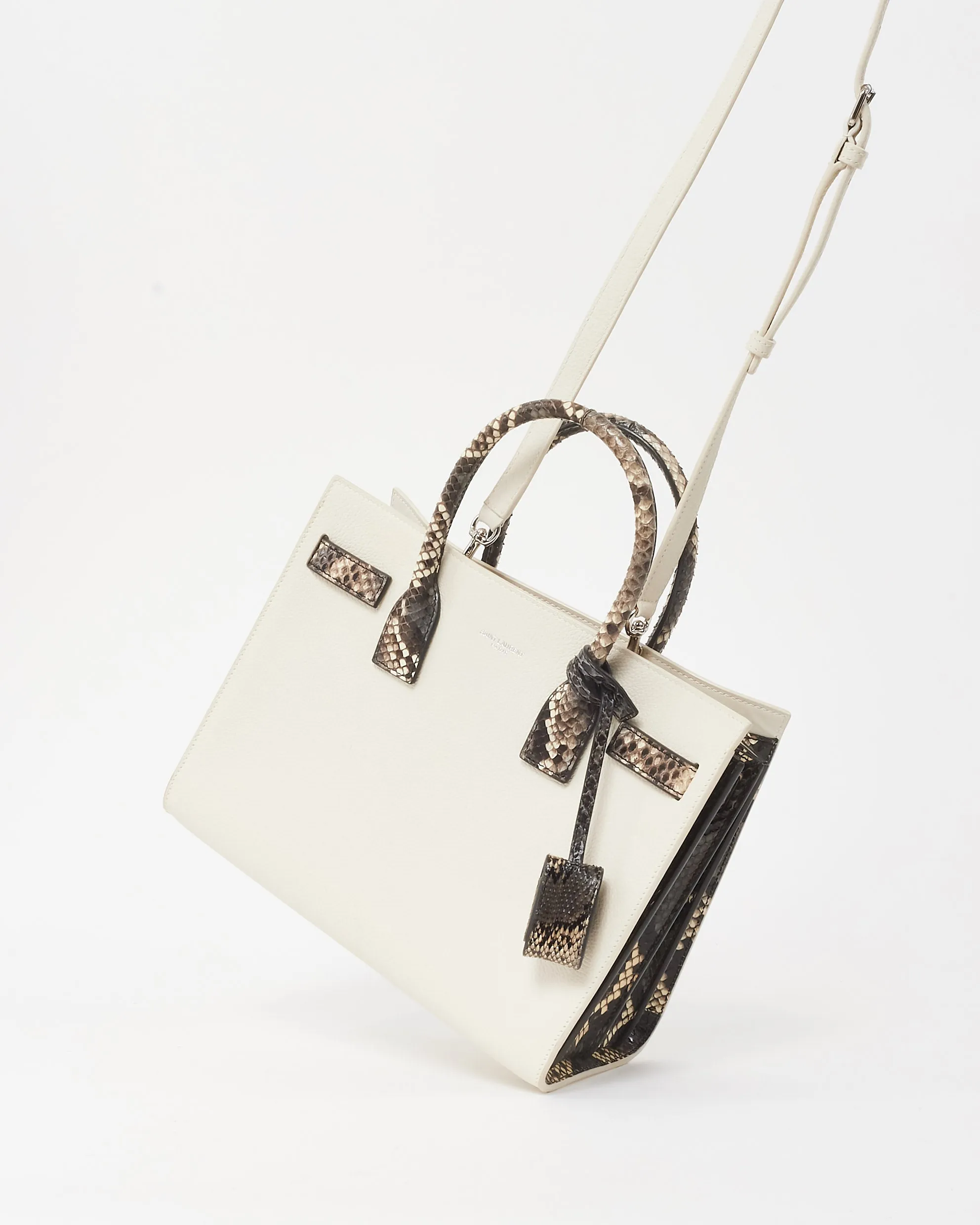 Saint Laurent White Leather & Grey Python Trim Small Sac De Jour Bag