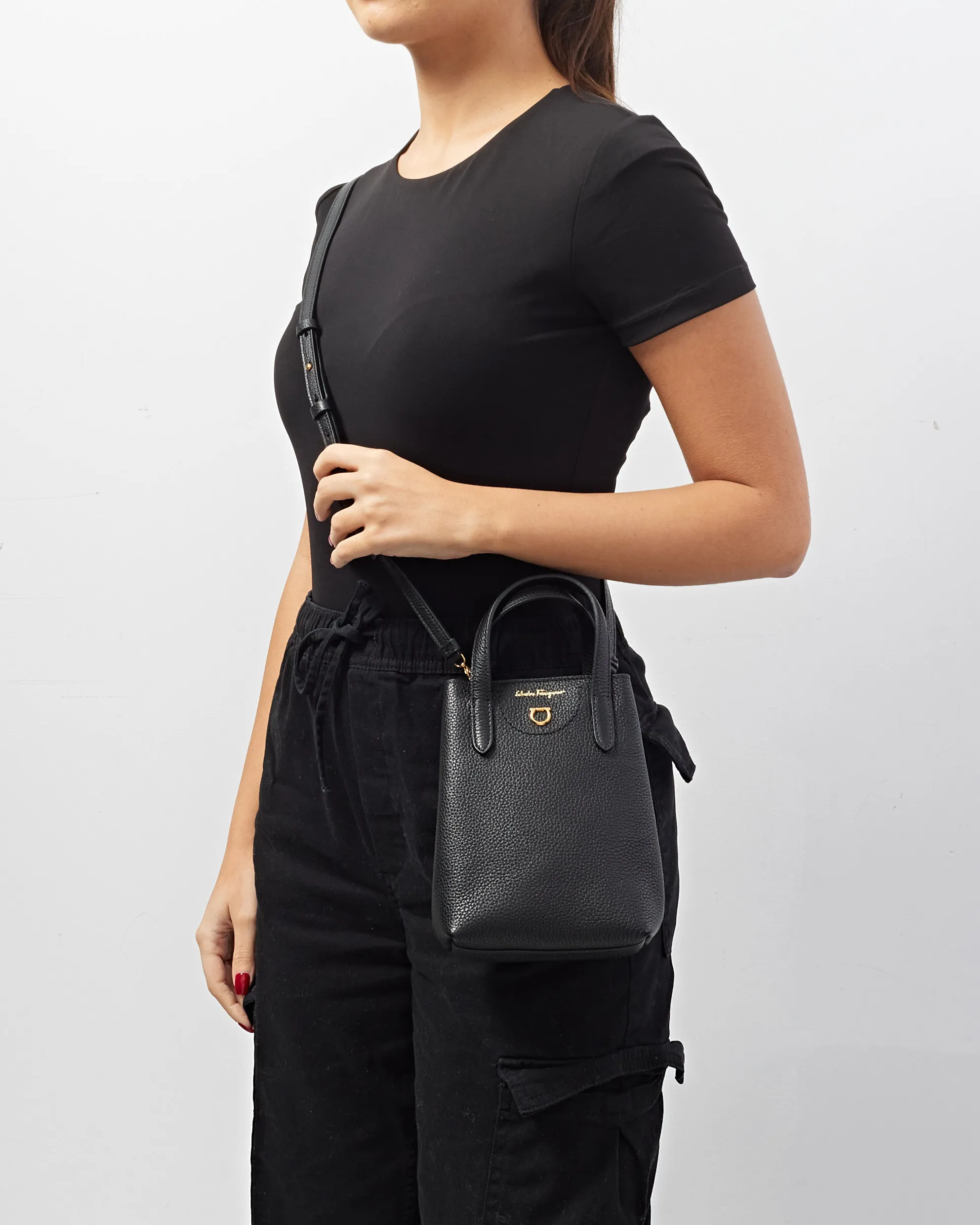 Salvatore Ferragamo Black Leather Mini Grancini Crossbody Bag