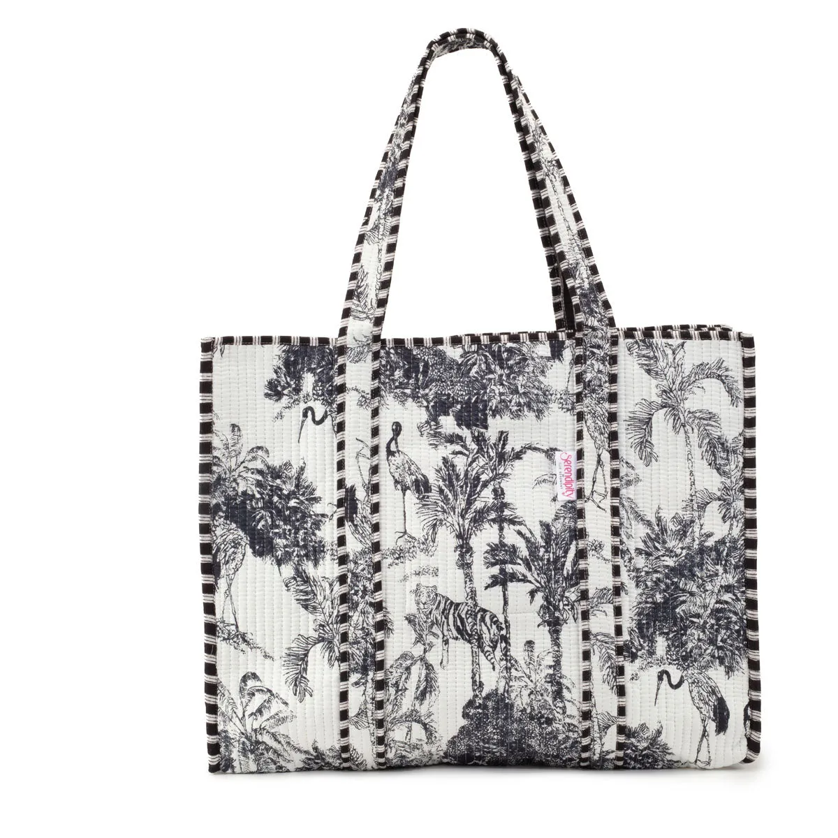 Serendipity Cotton Quilted Tote - Black / White Crane