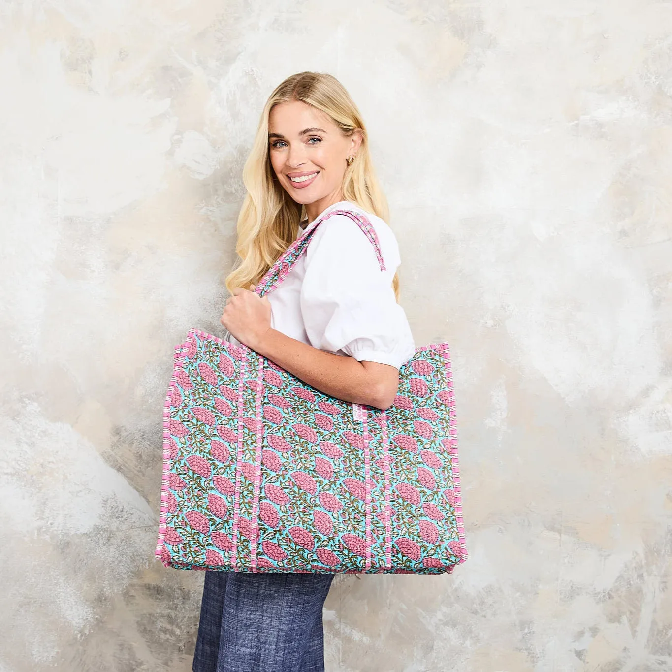 Serendipity Cotton Quilted Tote - Blue Peony