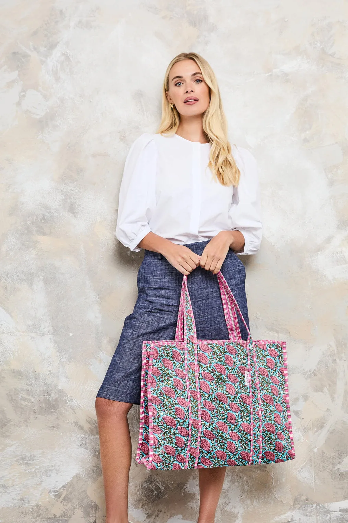 Serendipity Cotton Quilted Tote - Blue Peony
