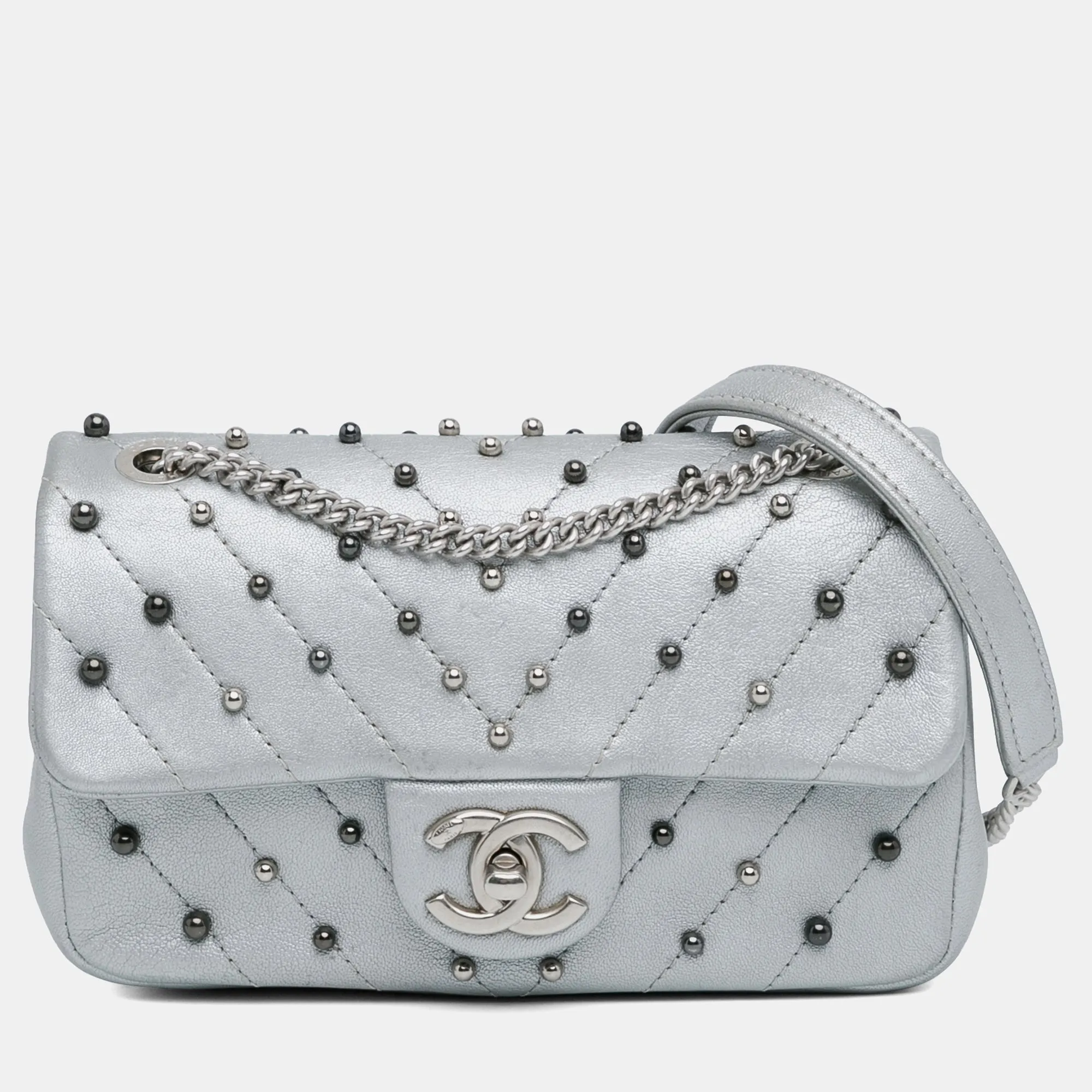 Silver Lambskin Leather Mini Rectangular Chevron Quilted Stud Wars Flap Bag