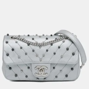 Silver Lambskin Leather Mini Rectangular Chevron Quilted Stud Wars Flap Bag