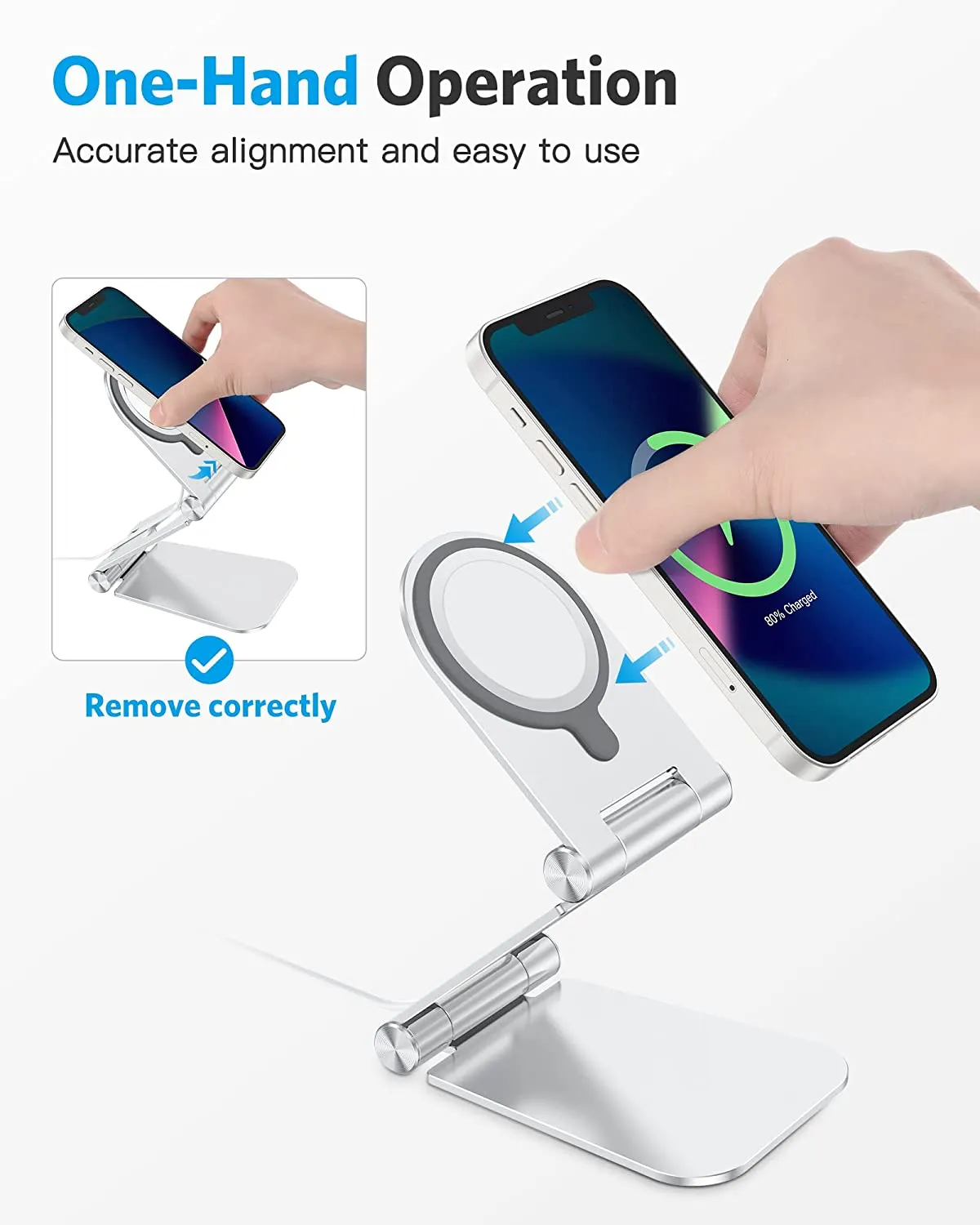 Stand for MagSafe Charger, OMOTON Foldable MagSafe Stand Holder for iPhone 13/12 Series, Adjustable Stand for iPhone 13 Pro Max/13 Pro/13/13 Mini, MagSafe Charger Not Included, Silver