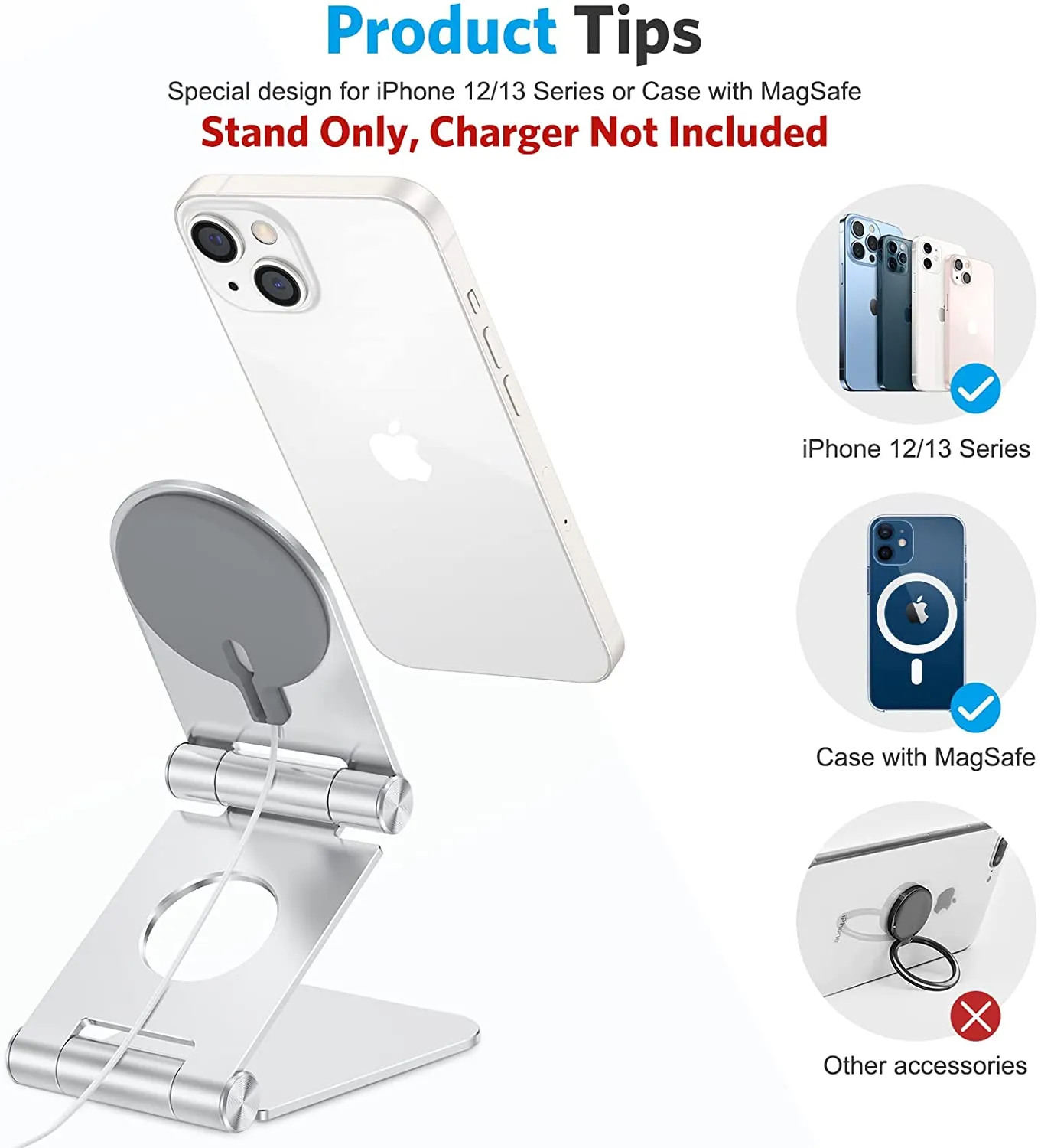 Stand for MagSafe Charger, OMOTON Foldable MagSafe Stand Holder for iPhone 13/12 Series, Adjustable Stand for iPhone 13 Pro Max/13 Pro/13/13 Mini, MagSafe Charger Not Included, Silver