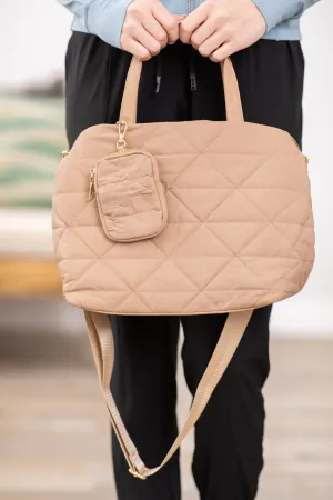 Taupe Quilted Tote Bag With Removable Pouch