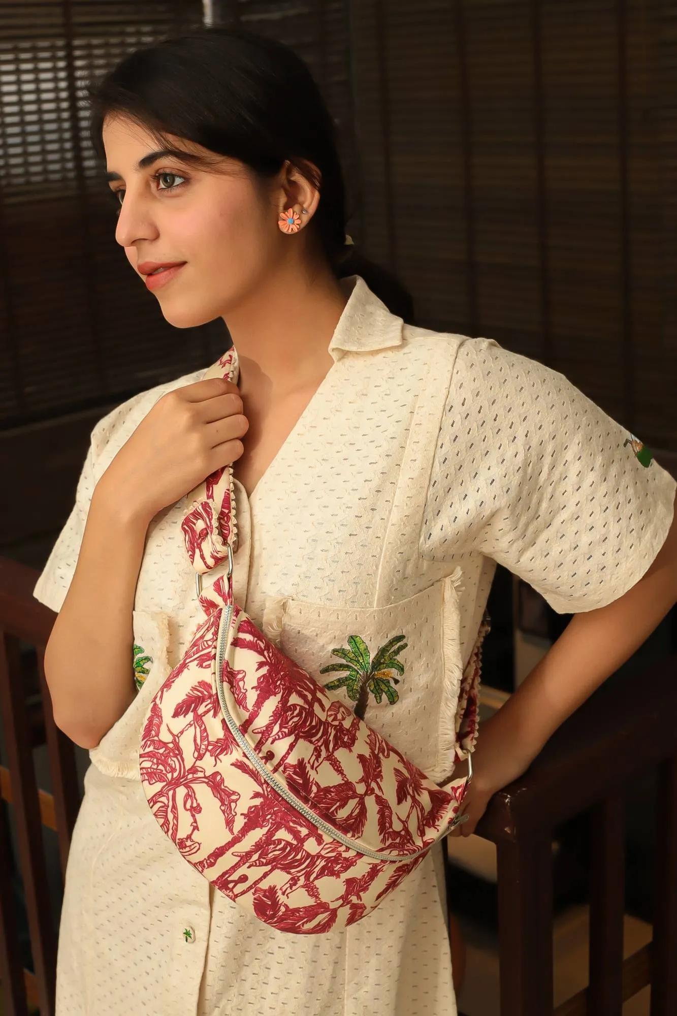Toile Printed Fanny Bag with Lace Detailing for Women