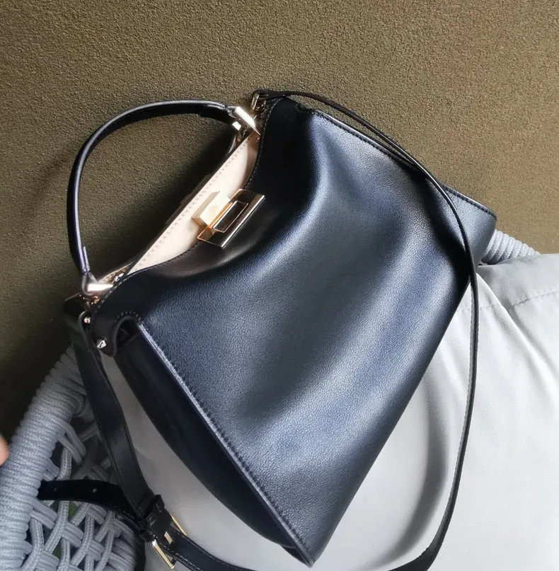 upgrade black leather lady handbag