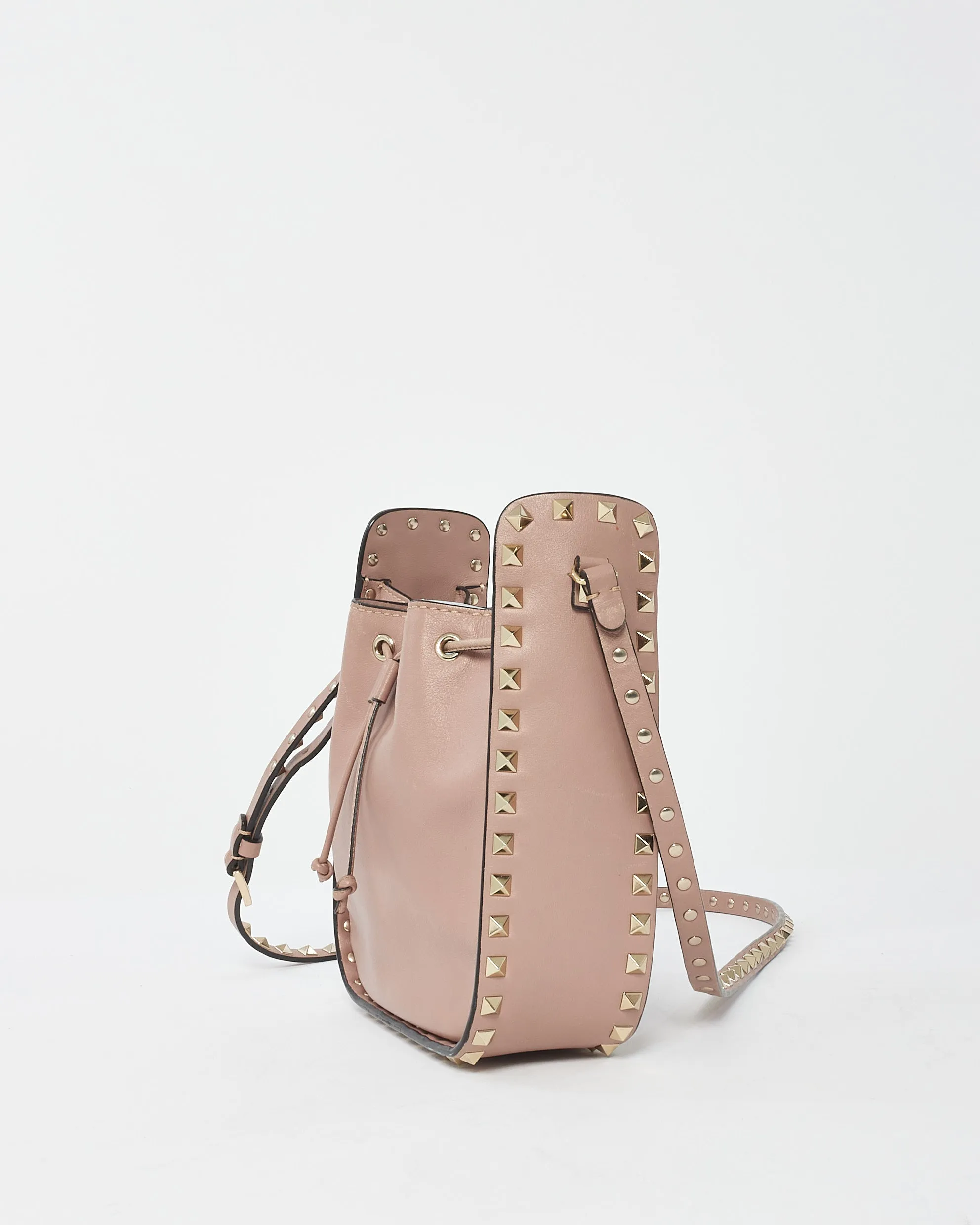 Valentino Blush Leather Rockstud Drawstring Small Bucket Bag