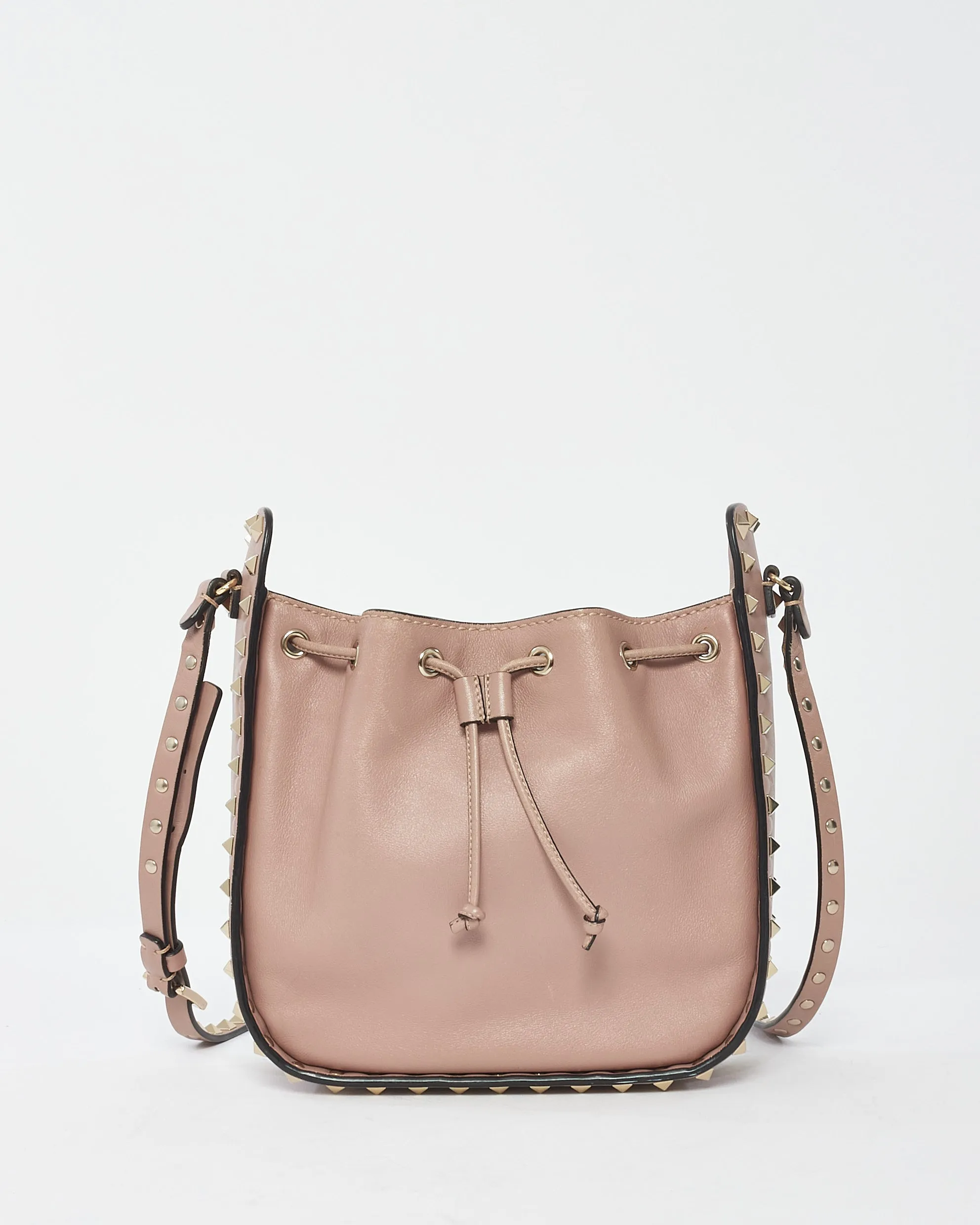 Valentino Blush Leather Rockstud Drawstring Small Bucket Bag