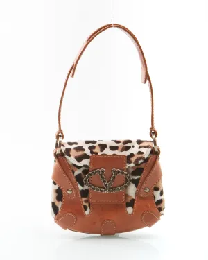 Valentino Brown V Logo Cheetah Print Pony Hair Shoulder Bag