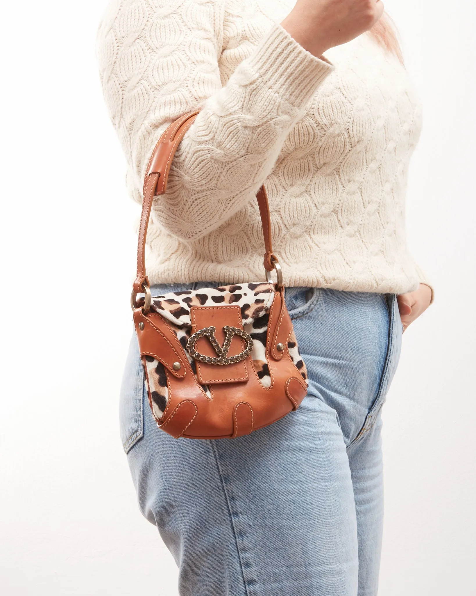 Valentino Brown V Logo Cheetah Print Pony Hair Shoulder Bag