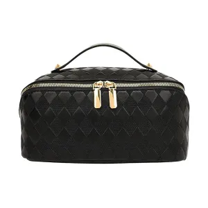 Vegan Leather Diamond Checker Travel Makeup Bag
