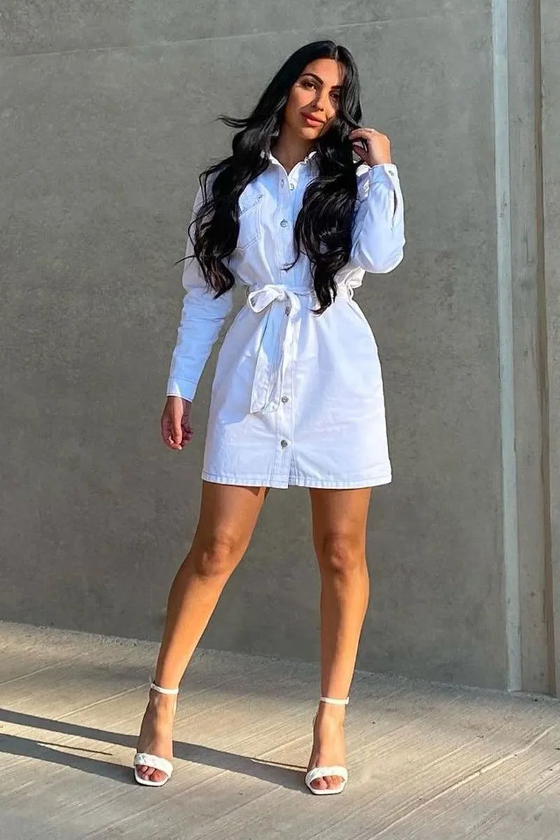 White Contrast Stitch Belted Denim Dress - Donia