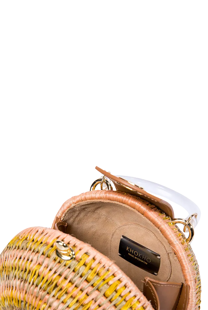 Woven Grass & Leather Round Ball Bag in Multicolor