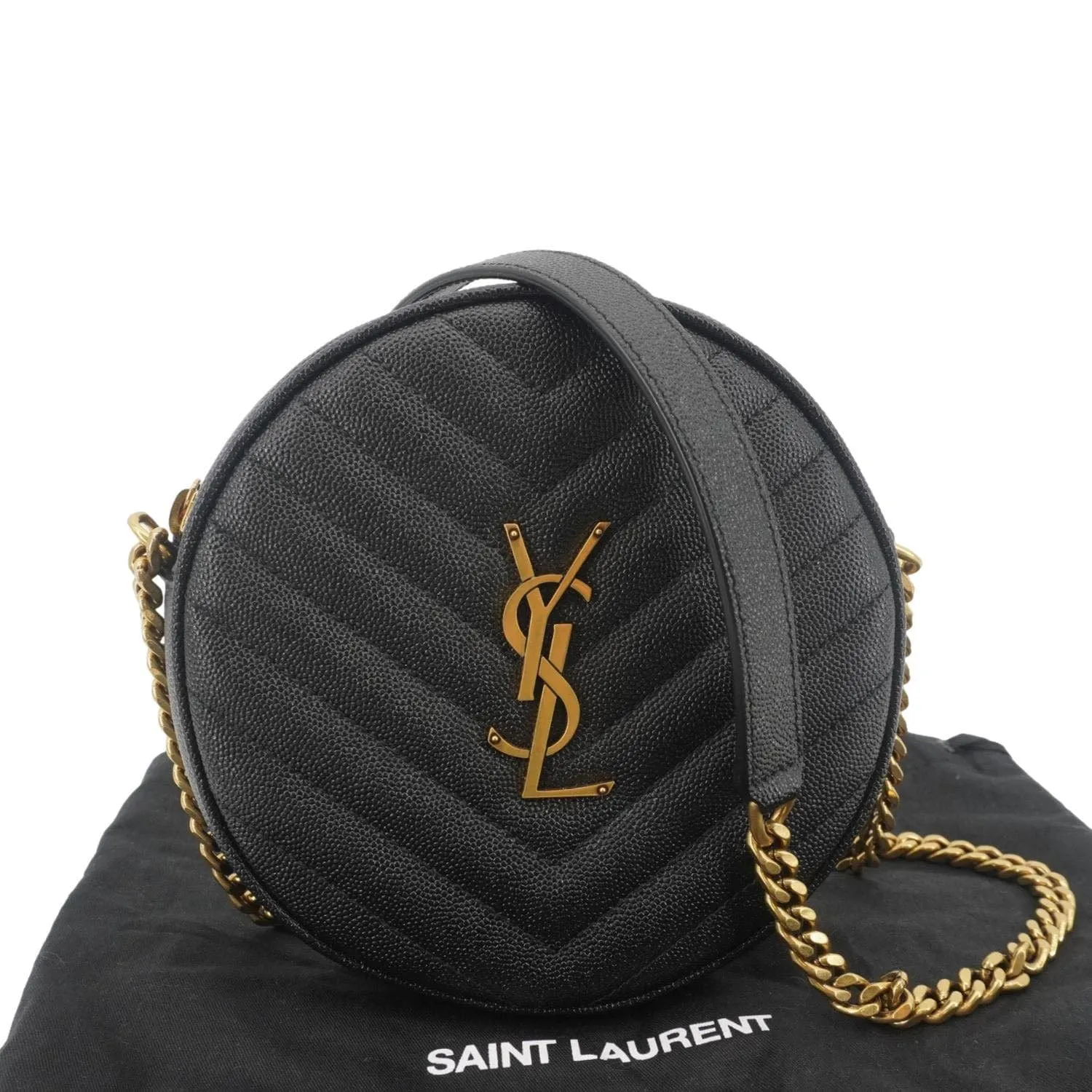 YVES SAINT LAURENT Round Chevron Leather Camera Crossbody Bag Black