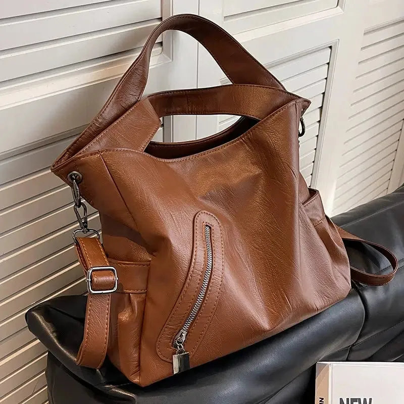 Zipper Pocket Versatile Leather Tote Bag